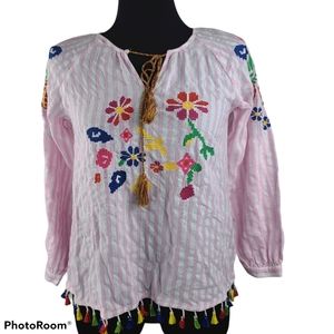 Passport Pink & White Embroidered Boho Top M